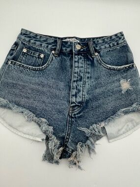 Signature short Frayed Hem Distressed Denim mini Shorts - Blue Size S button fly